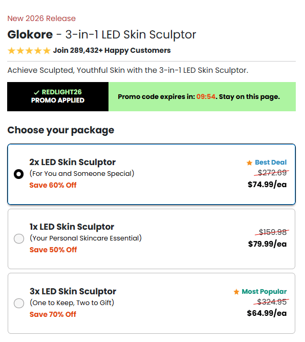 Glokore LED Skin Sculptor Price Chart USA 70% Off Discount Packages
